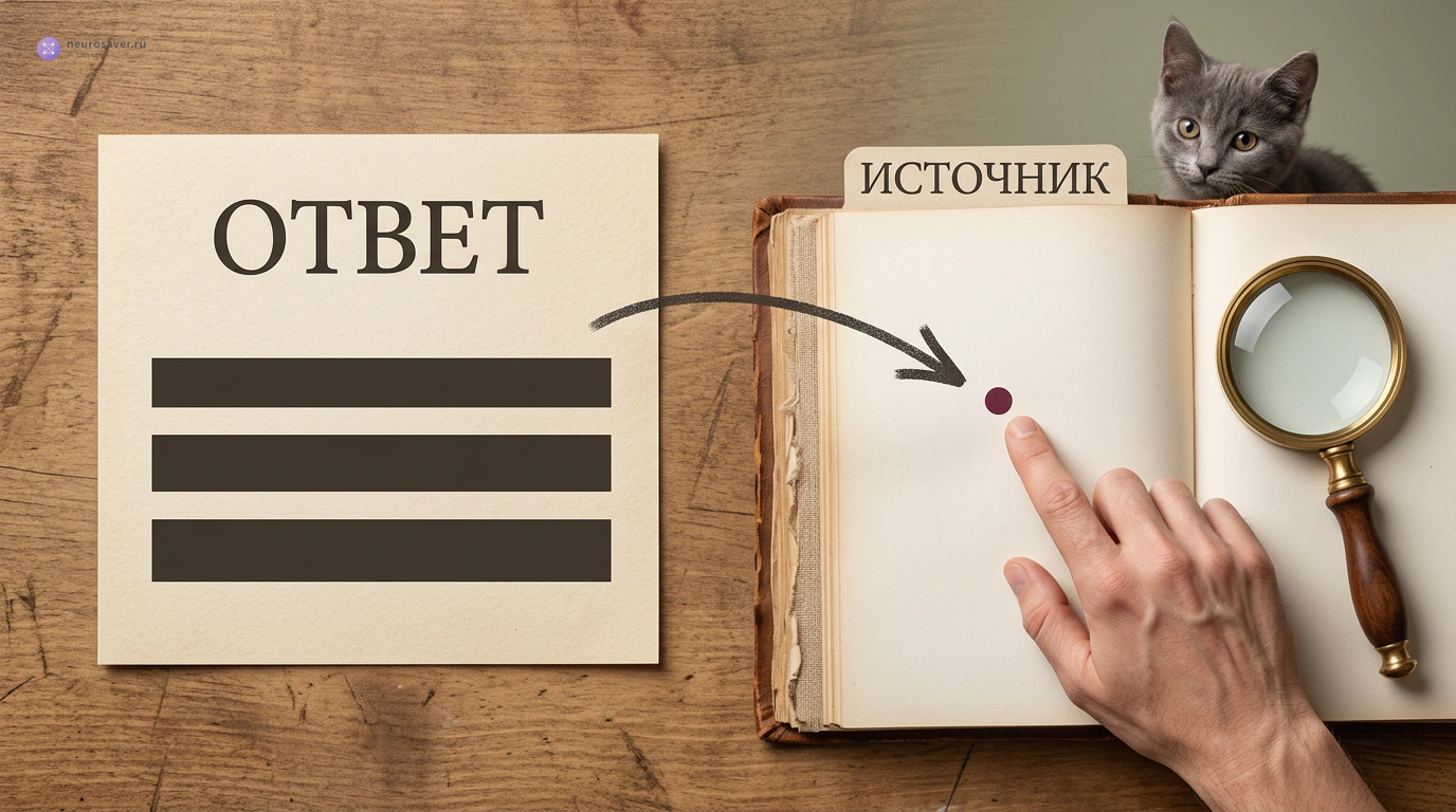 От карточки «Ответ» стрелка ведёт к книге «Источник»: рука указывает на проверяемый фрагмент