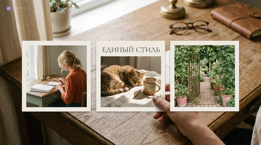 Три иллюстрации с женщиной за столом, котом и садовой дорожкой объединены мягким светом и природными цветами