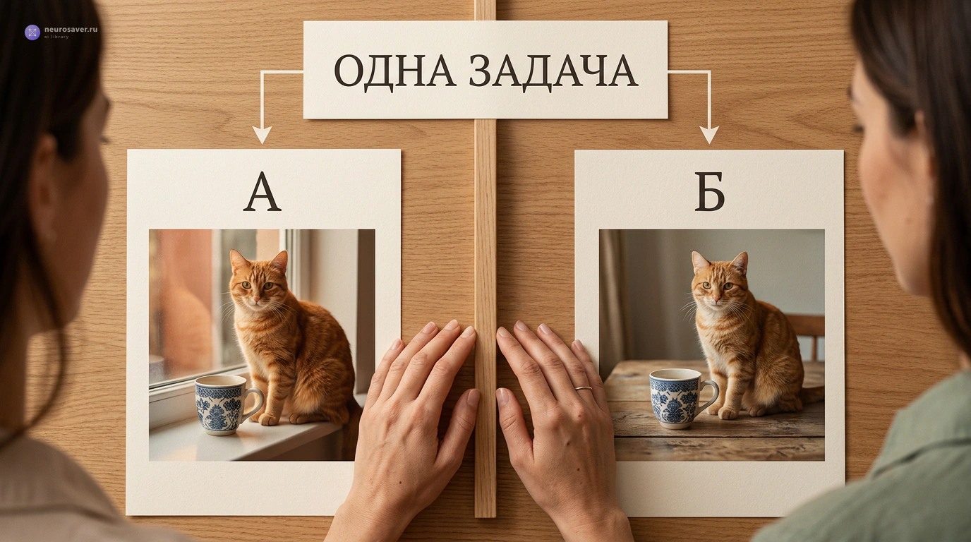 Одна задача разветвляется на варианты А и Б: два изображения рыжего кота рядом с чашкой