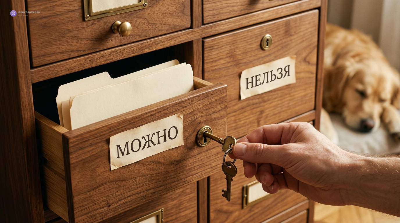 Открытый ящик с разрешёнными документами рядом с закрытым ящиком; возле шкафа отдыхает собака