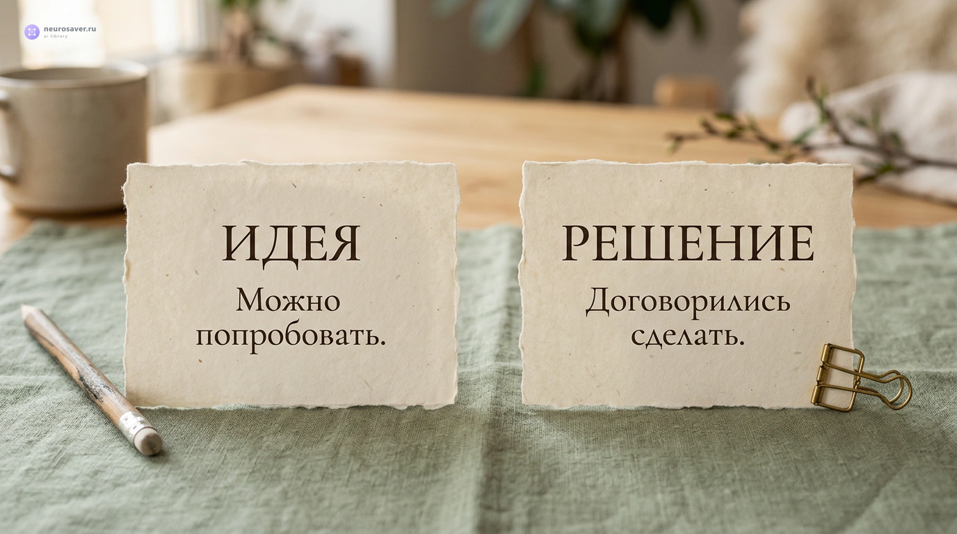 Две отдельные карточки: идея «Можно попробовать» и решение «Договорились сделать»