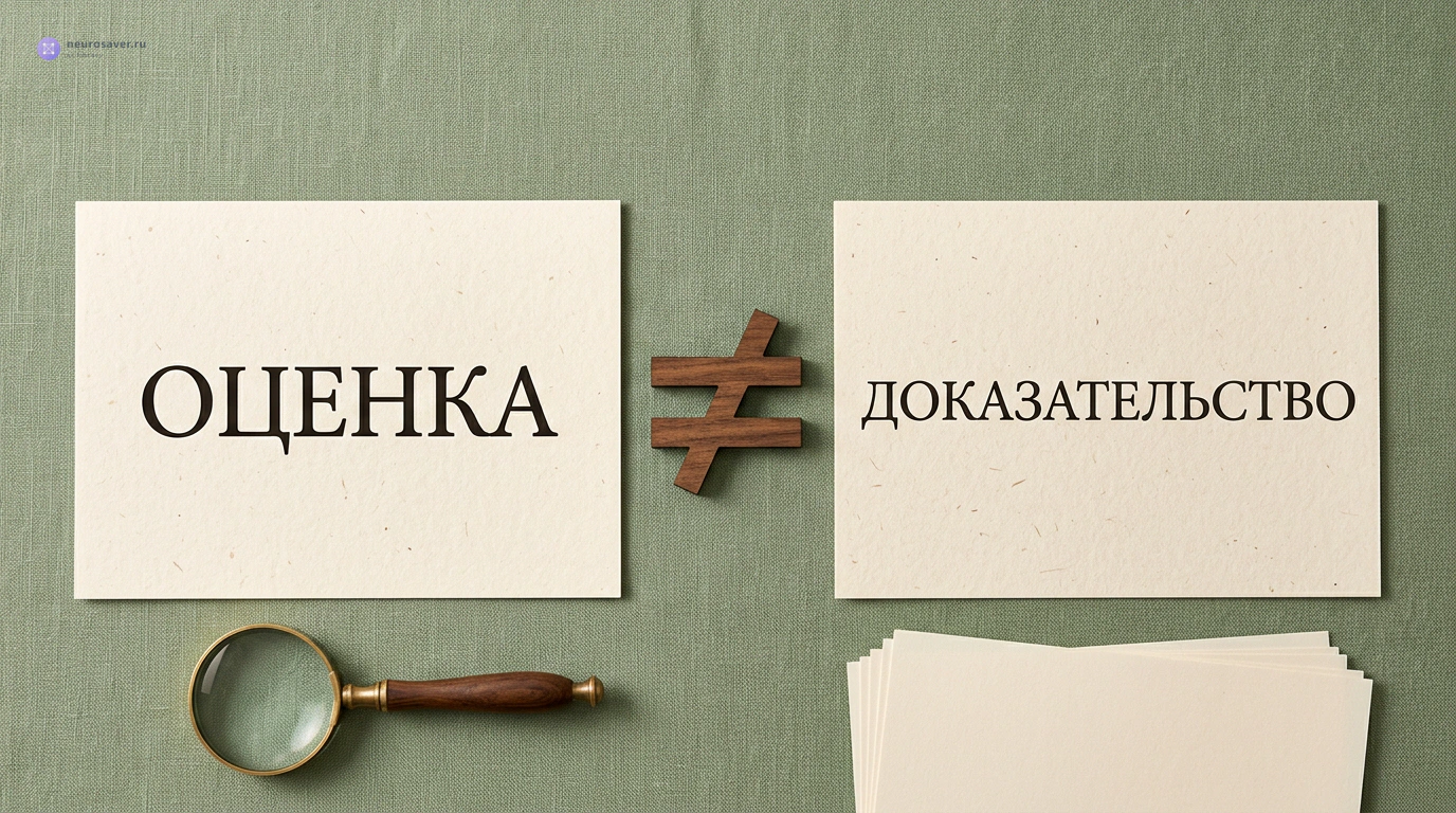 Бумажные карточки «Оценка» и «Доказательство» разделены знаком неравенства
