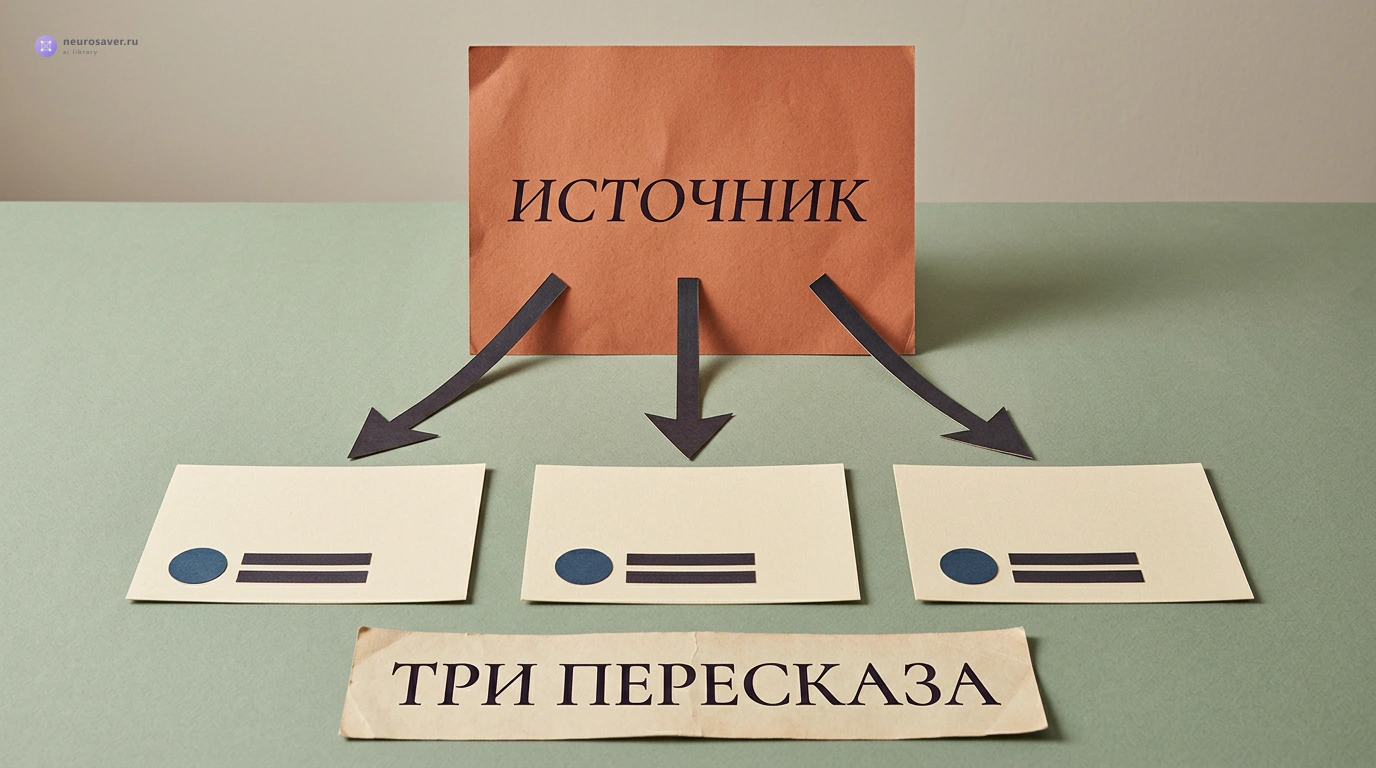 Один исходный документ связан стрелками с тремя одинаковыми карточками пересказов