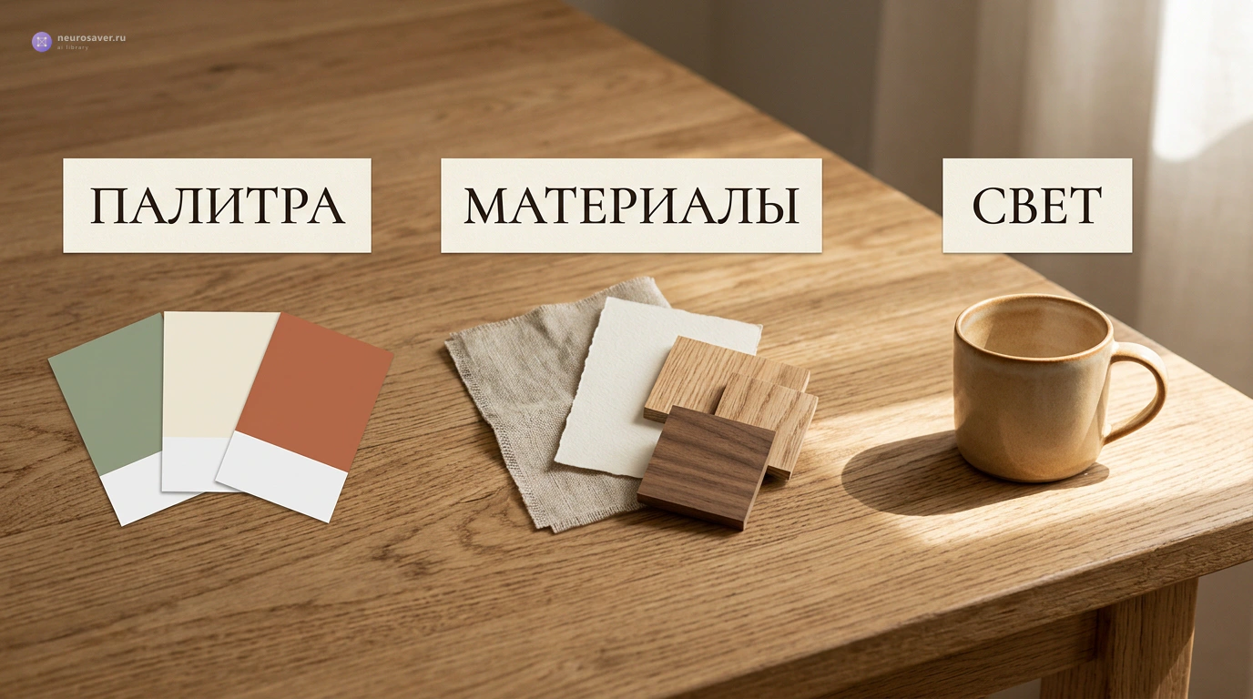 Цветовые образцы, ткань, дерево и керамическая чашка показывают три составляющие стиля: палитру, материалы и свет