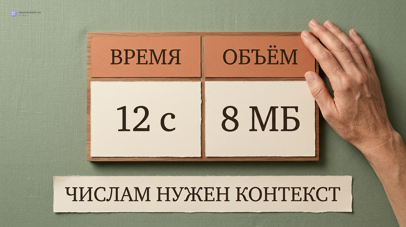 Учебная таблица: под заголовком «Время» указано 12 секунд, под заголовком «Объём» — 8 мегабайт