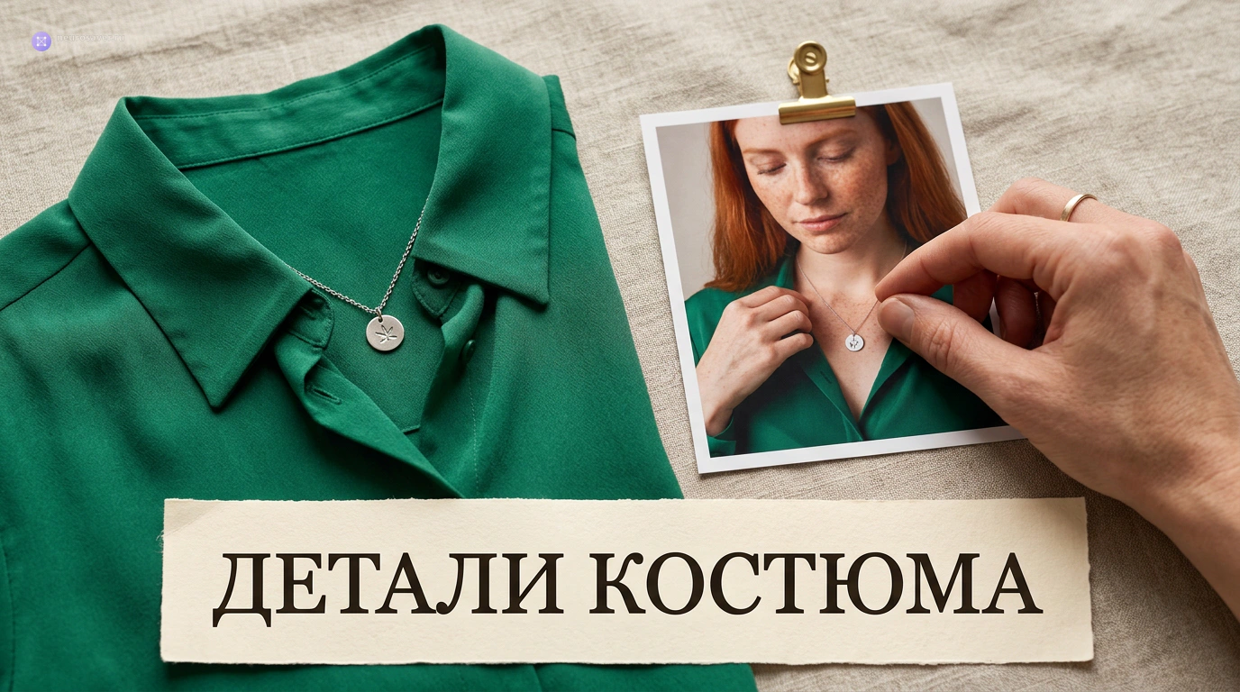Зелёная блузка и серебряный кулон лежат рядом с фотографией костюма для сверки деталей