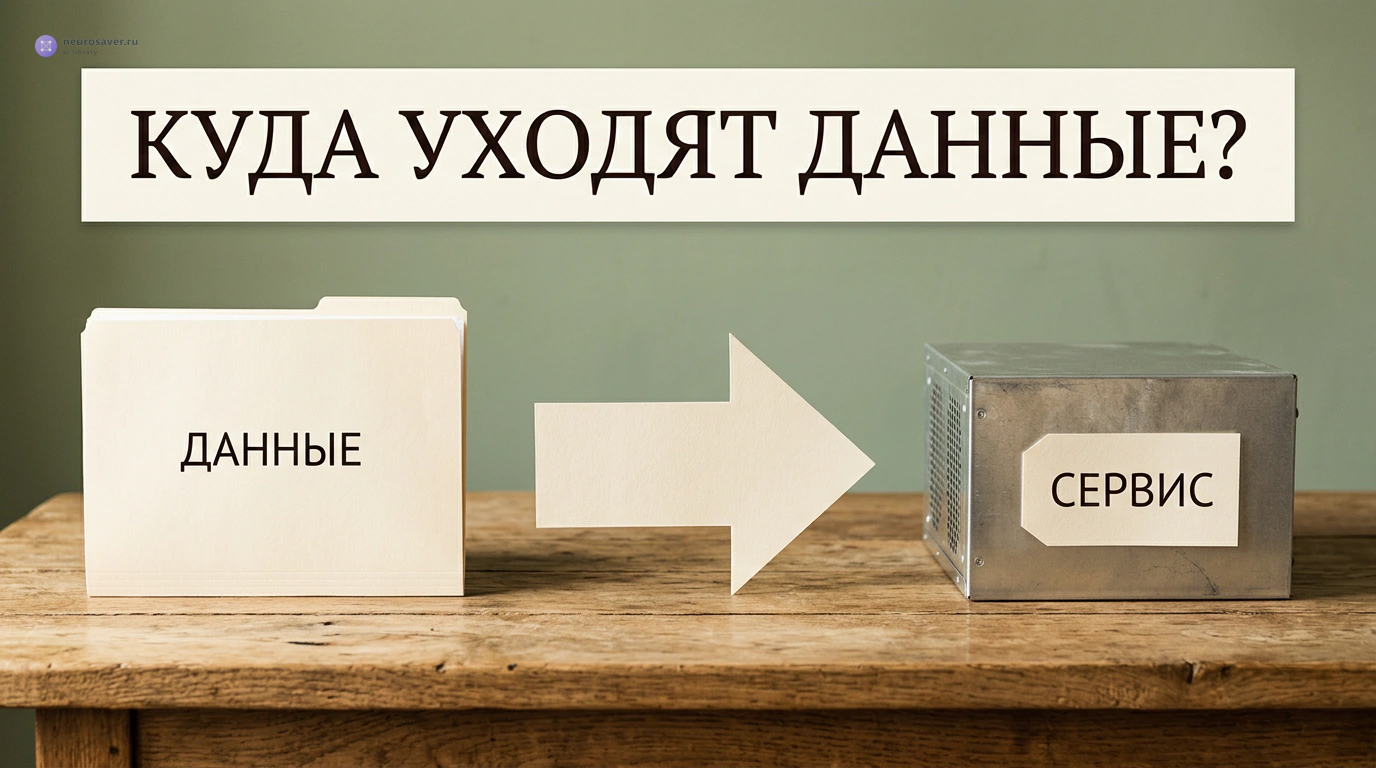 Стрелка ведёт от папки «Данные» к внешнему сервису; вопрос «Куда уходят данные?»