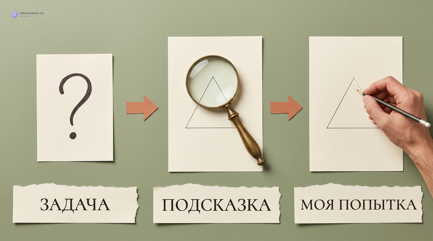 Схема слева направо: вопрос под подписью «Задача», лупа — «Подсказка», рука с карандашом — «Моя попытка»