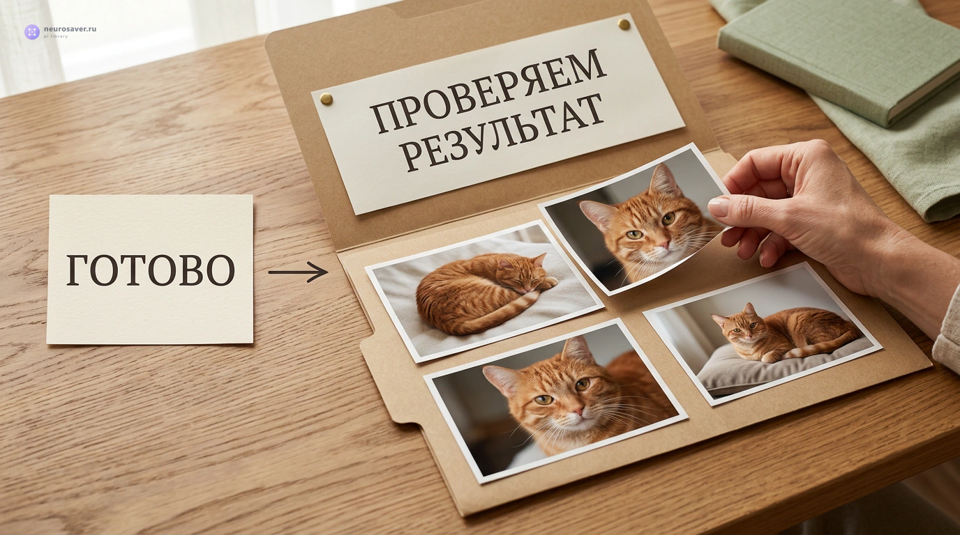 После сообщения «Готово» человек проверяет фактические файлы на примере серии фотографий кота