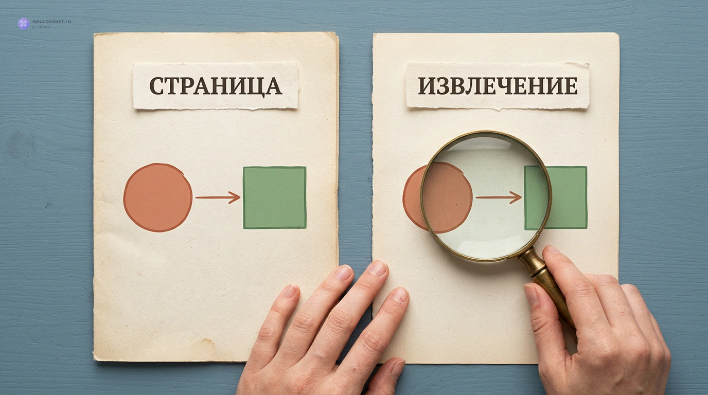 Исходная страница и извлечённая схема лежат рядом для сверки направления стрелки и фигур