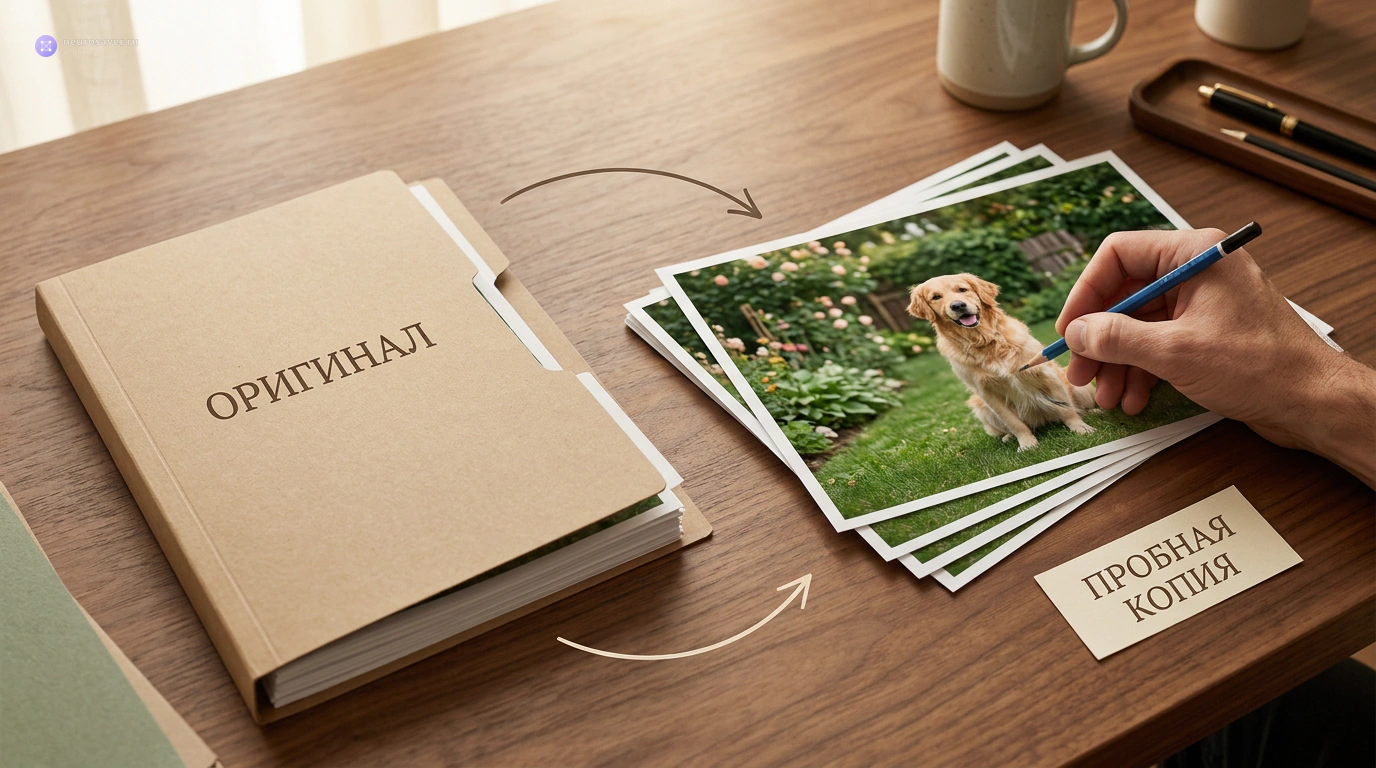 Оригинальные фотографии хранятся в папке, а пробные изменения человек делает на отдельной копии