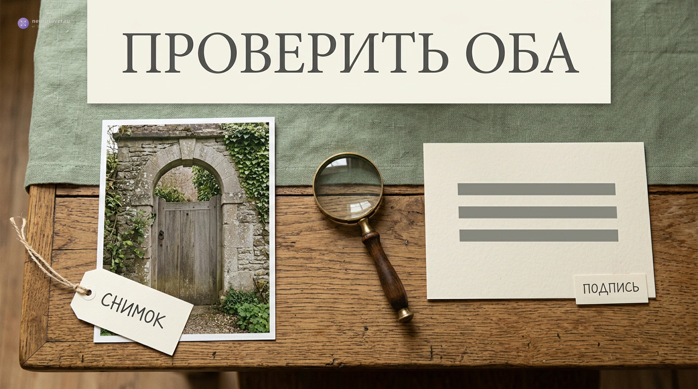 Снимок ворот и карточка с условной подписью лежат рядом с лупой; заголовок «Проверить оба»