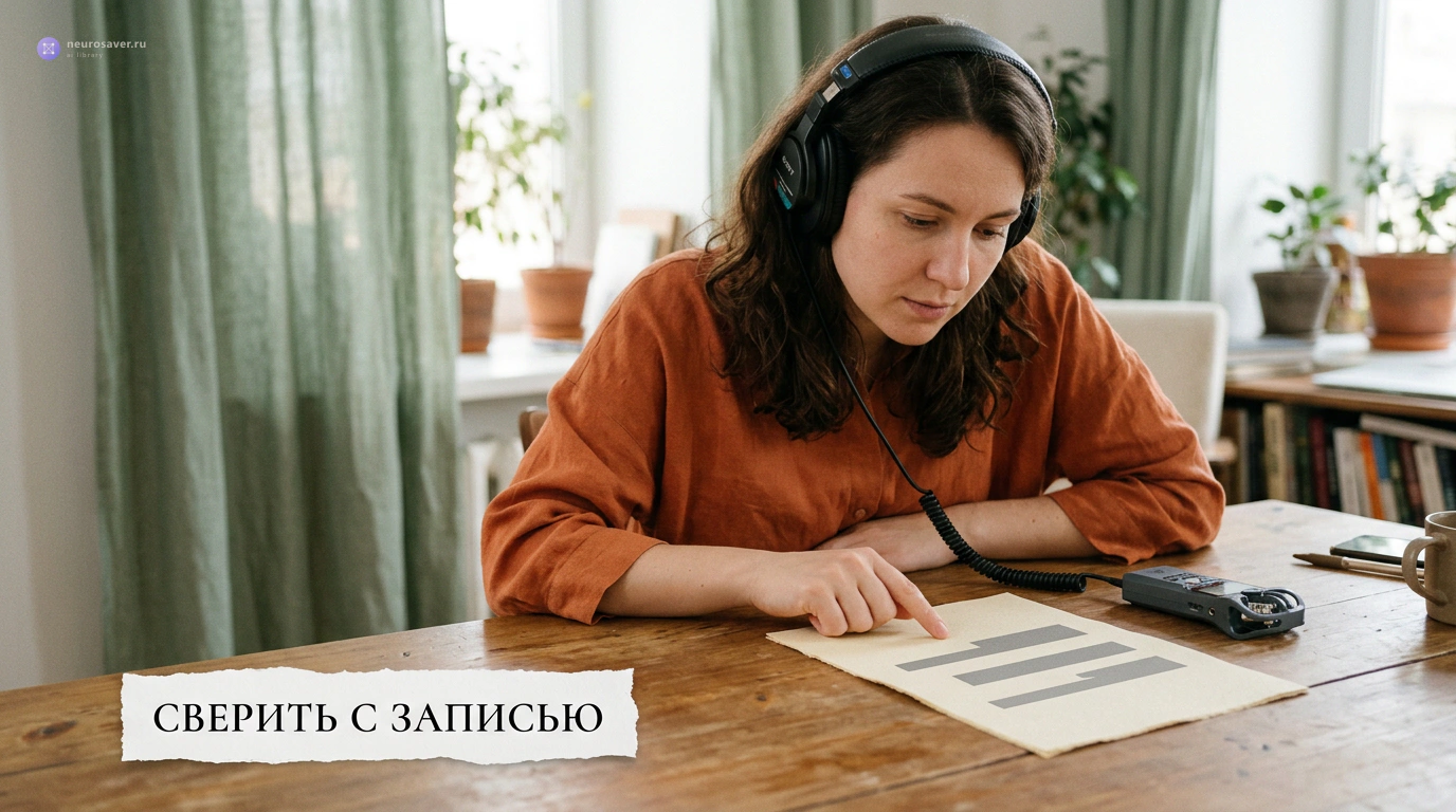 Участница в наушниках сверяет лист расшифровки с аудиозаписью на диктофоне