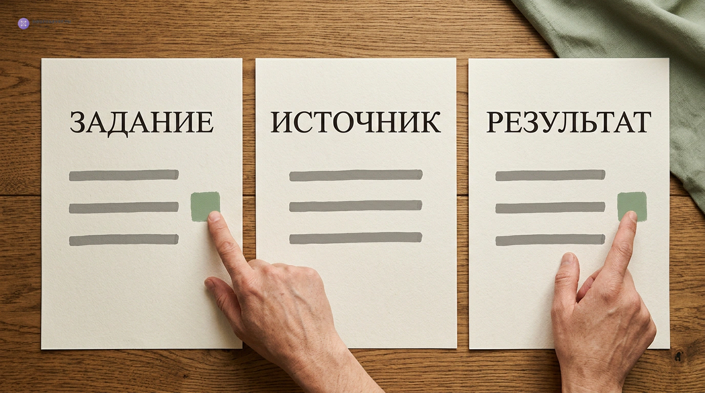 Три листа: задание, источник и результат; руки указывают на совпадающие отметки в задании и результате