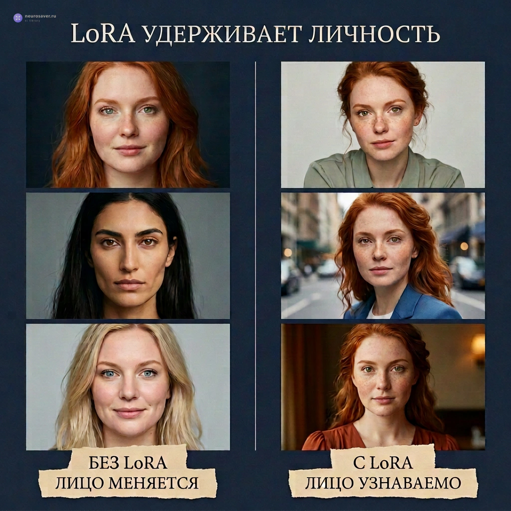 Слева без Character LoRA показаны три женщины с явно разными лицами, а справа одна рыжеволосая героиня сохраняет узнаваемую внешность в трёх разных сценах.
