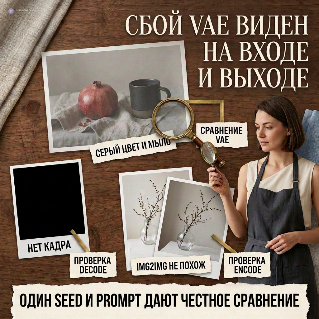 Три фото на световом столе связывают отсутствие кадра с проверкой Decode, серость и мыло со сравнением VAE, а непохожий img2img с проверкой Encode.