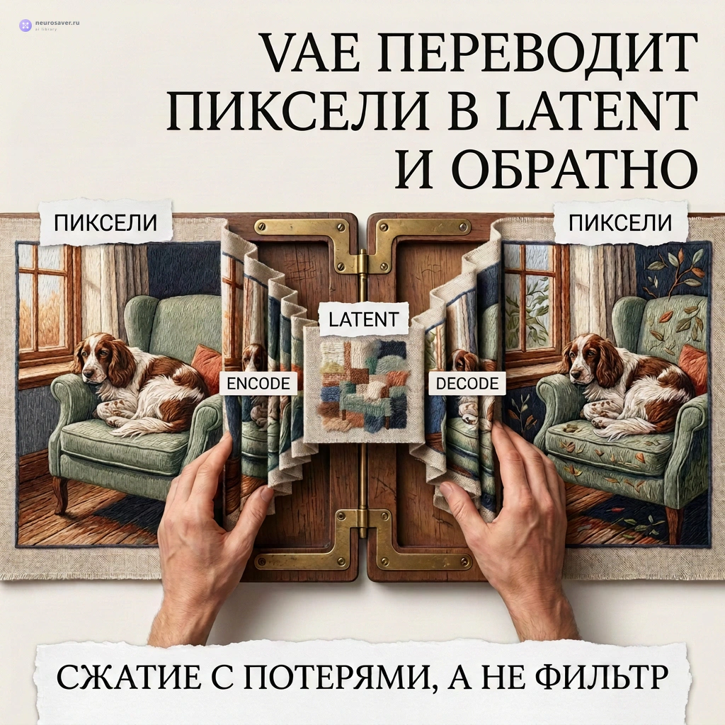 Вышитая сцена с собакой проходит через VAE Encode в компактный latent, а VAE Decode разворачивает его обратно в пиксели с небольшими потерями деталей.
