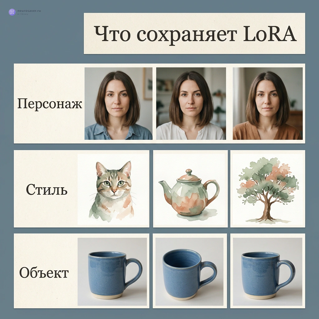 Три задачи LoRA: узнаваемый персонаж, единая манера разных иллюстраций и один предмет с разных ракурсов
