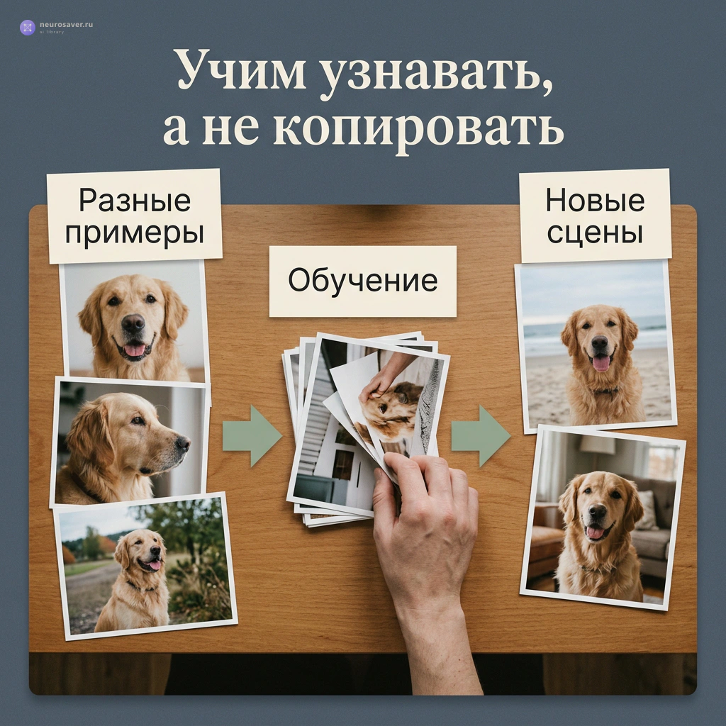 Разные фотографии золотистого ретривера используются для обучения, затем собака появляется в новых сценах