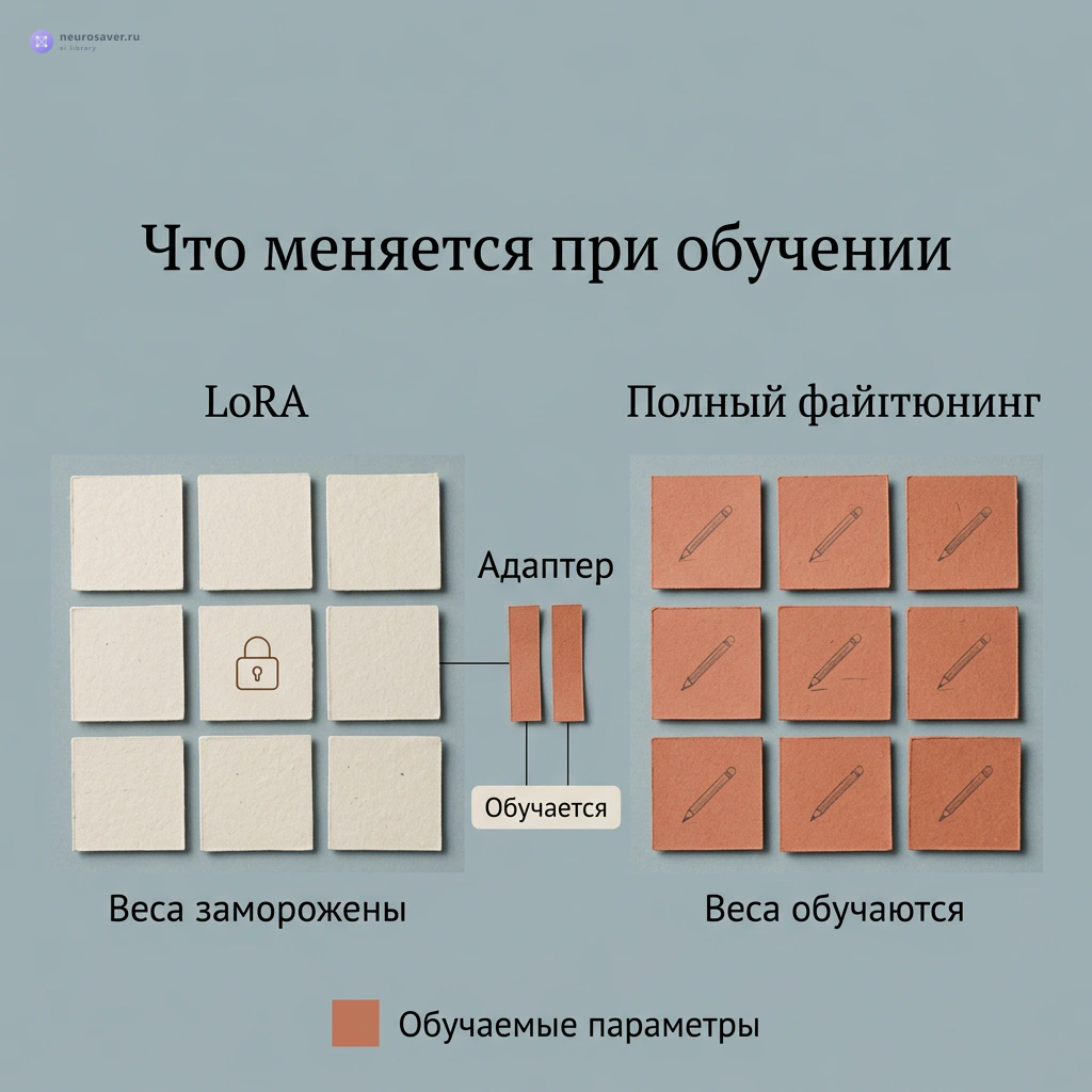 При LoRA основные веса заморожены и обучается небольшой адаптер; при полном файнтюнинге обучаются основные веса модели. Оранжевым выделены обучаемые параметры