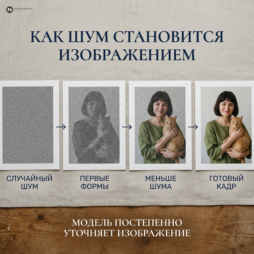 Условная схема диффузии: случайный шум постепенно уступает место формам и деталям фотографии женщины с котом. Это иллюстрация принципа, а не кадры одного запуска.