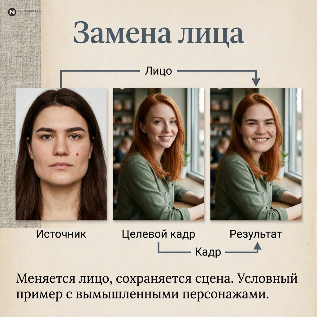 Условная схема Faceswap с вымышленными героинями: черты лица из первого портрета перенесены в третий, а улыбка, рыжие волосы, зелёная рубашка и фон сохранены из целевого кадра в центре.